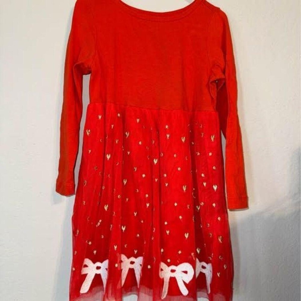 Hanna Andersson Girls Red Tulle Heart Bow Long Sleeve Dress Size 4 Holiday Party